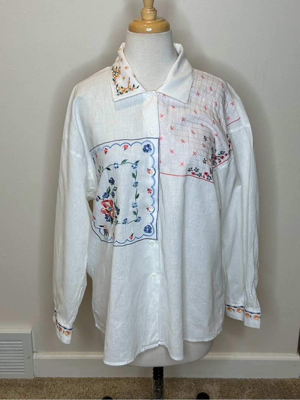David Brooks Y2K Cottage Core Grandma Shirt Button-Front Embroidery 14